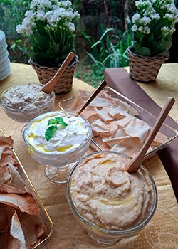 Pastas árabes: homus, coalhada seca e babaganuche em buffet